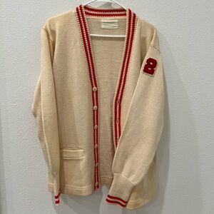 Vintage Cream Varsity Cardigan with Red Trim